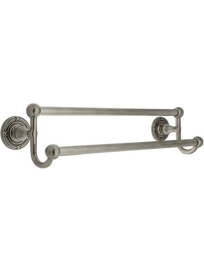 18 inch Brass Double Towel Bar with Ribbon and Reed Rosettes in Antique Pewter.